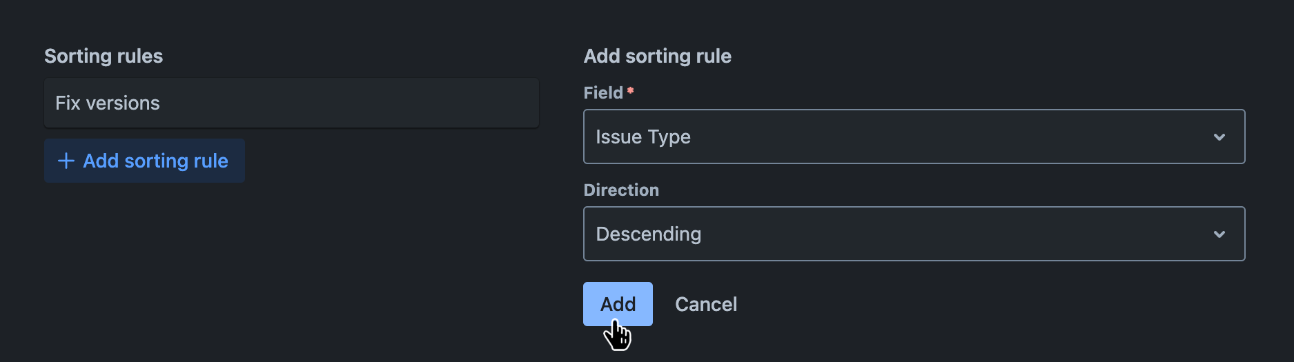 Sorting rules tab with a new sorting rule being added and the 'Add' button hovered