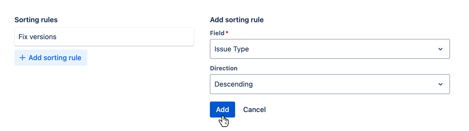 Sorting rules tab with a new sorting rule being added and the 'Add' button hovered