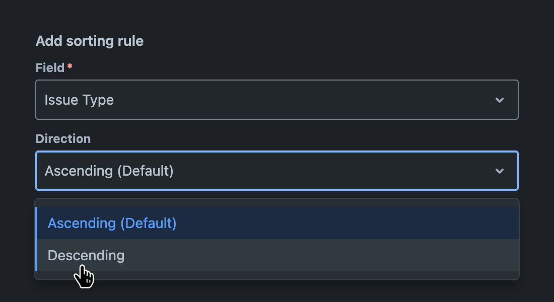 'Direction' field with dropdown menu open and a direction selected