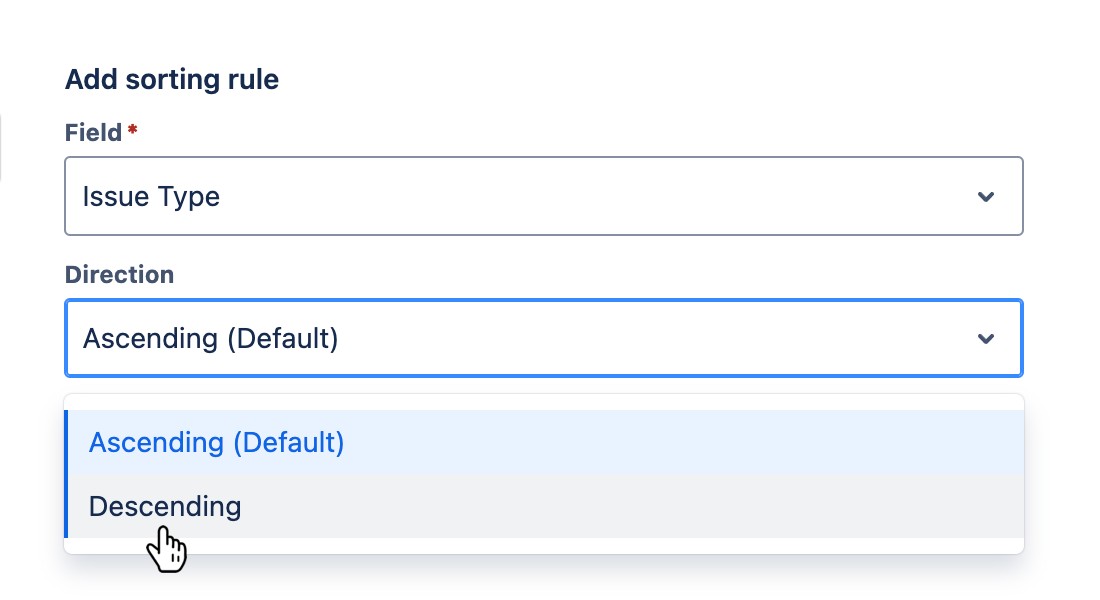 'Direction' field with dropdown menu open and a direction selected