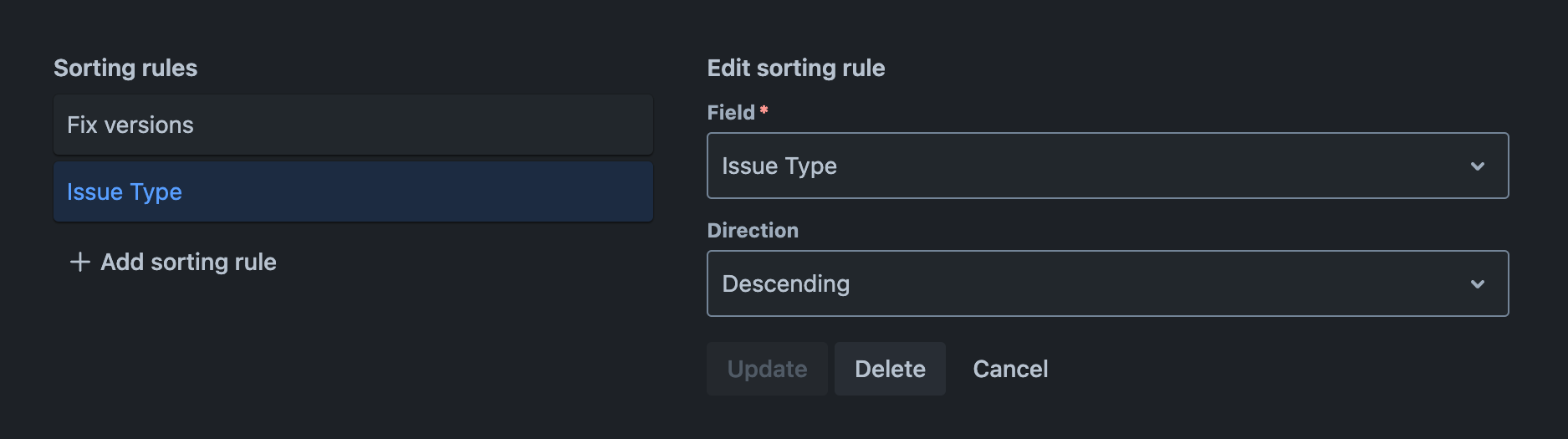 Sorting rules tab with a new sorting rule added and the new sorting rule's settings displayed for editing