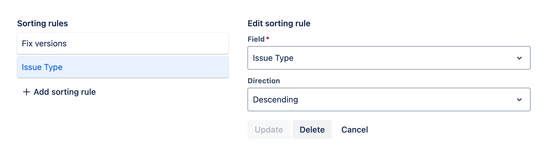 Sorting rules tab with a new sorting rule added and the new sorting rule's settings displayed for editing