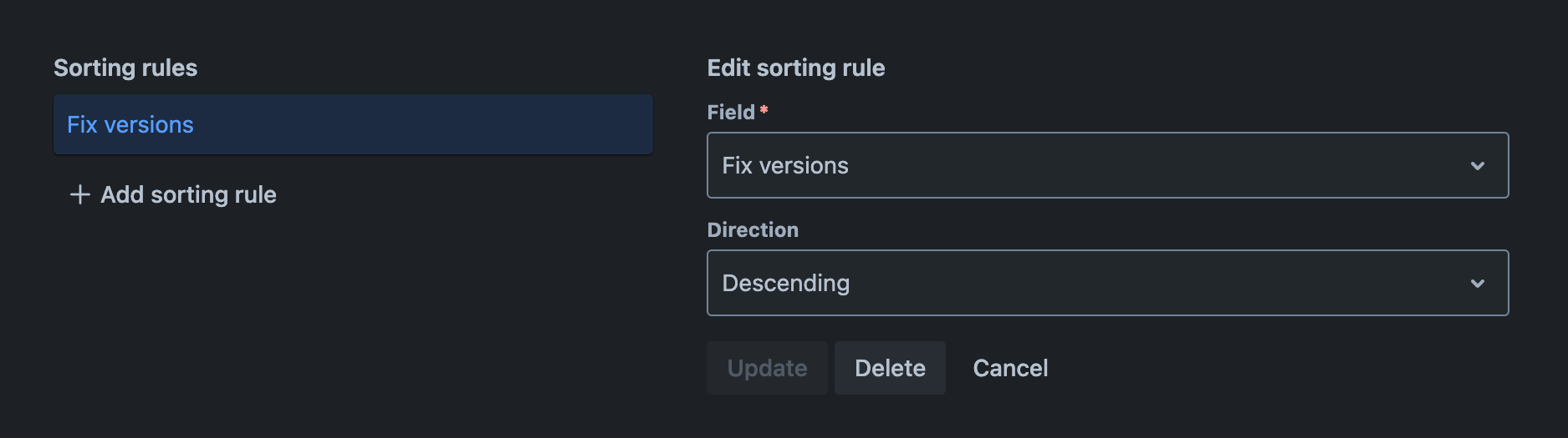 Sorting rules tab with an existing sorting rule being edited