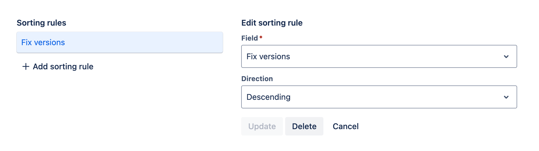 Sorting rules tab with an existing sorting rule being edited