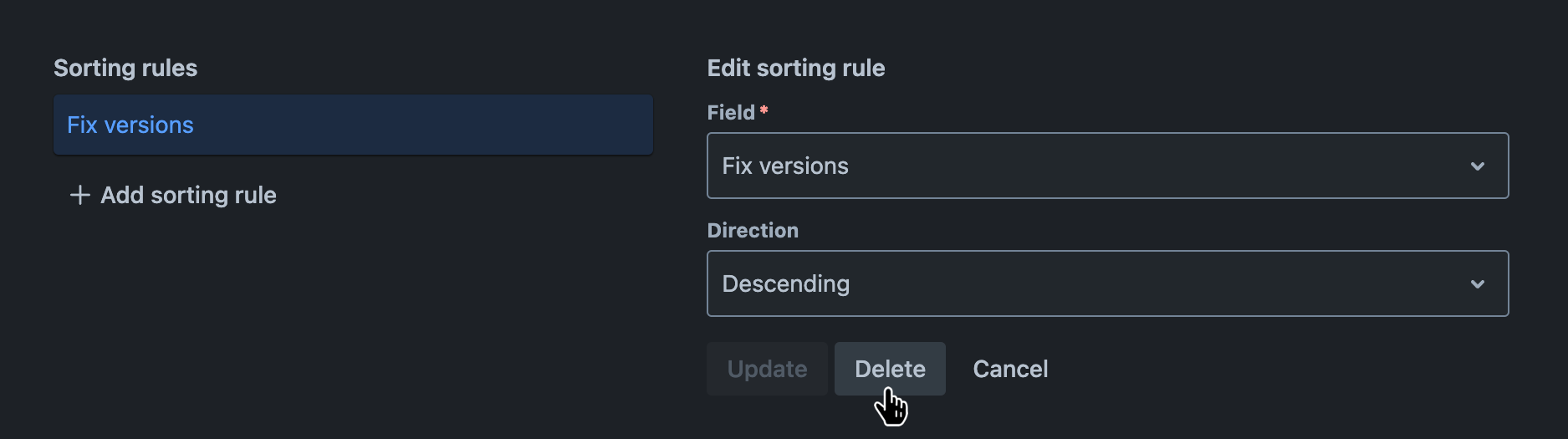 Sorting rules tab with an existing sorting rule being edited and the 'Delete' button hovered