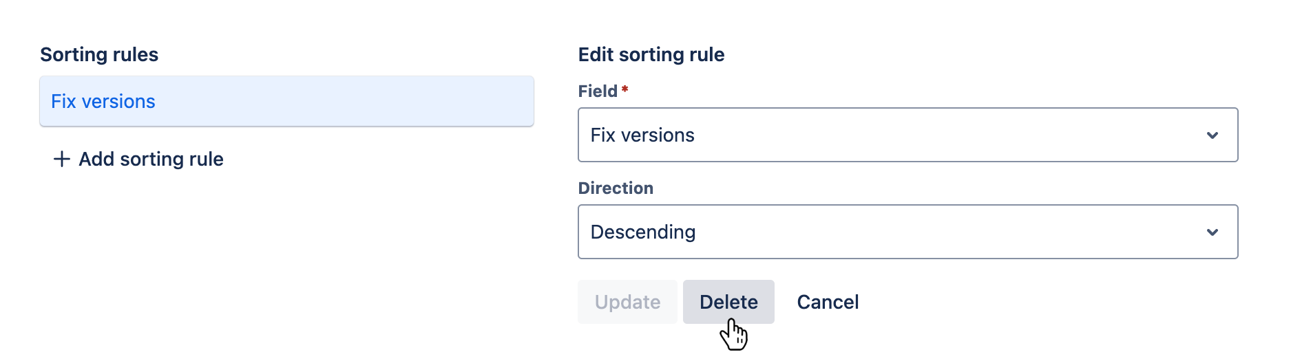 Sorting rules tab with an existing sorting rule being edited and the 'Delete' button hovered