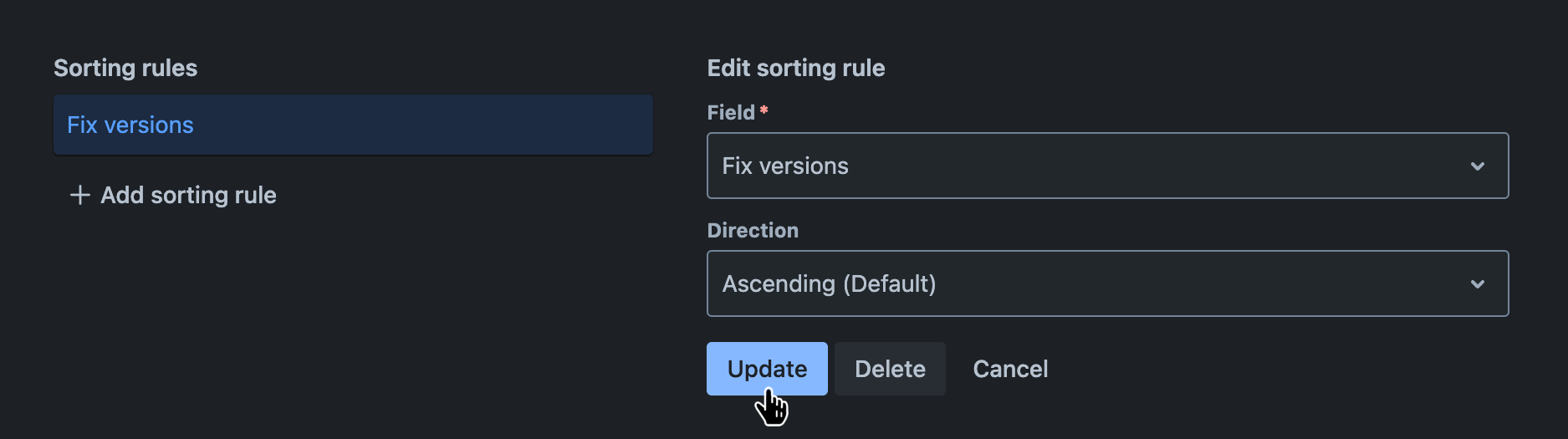 Sorting rules tab with an existing sorting rule being edited and the 'Update' button hovered