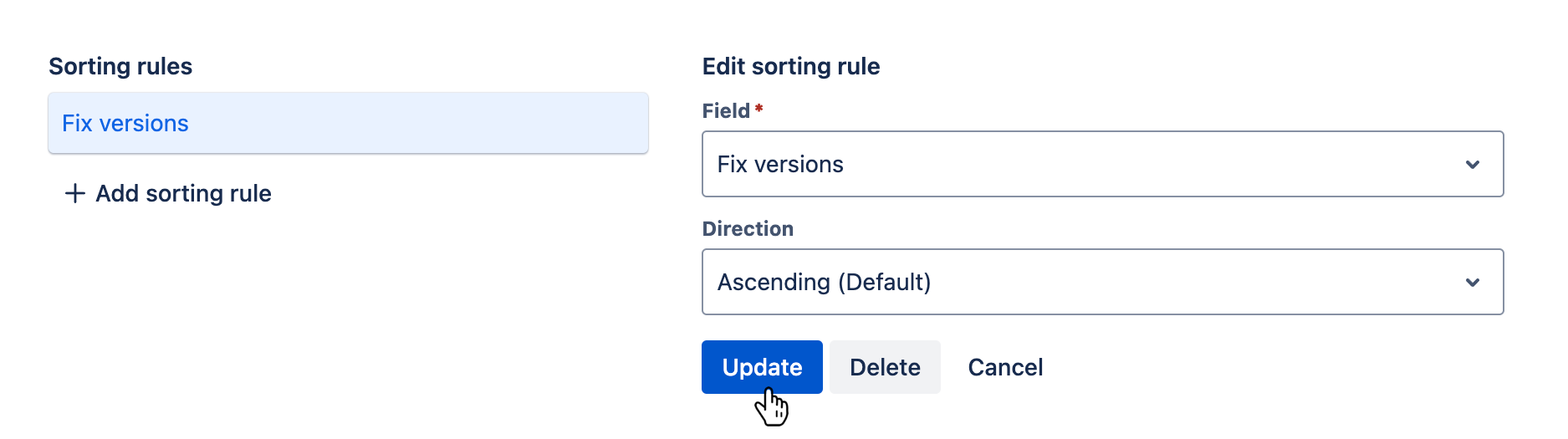 Sorting rules tab with an existing sorting rule being edited and the 'Update' button hovered