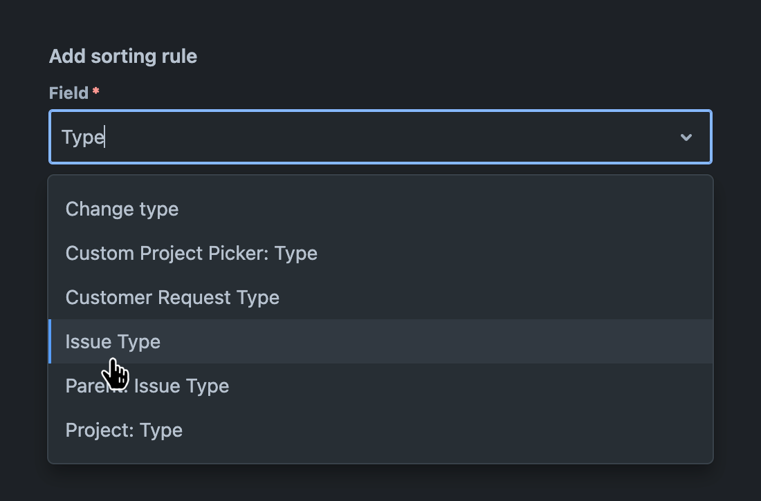 'Field' field with dropdown menu open and a field selected