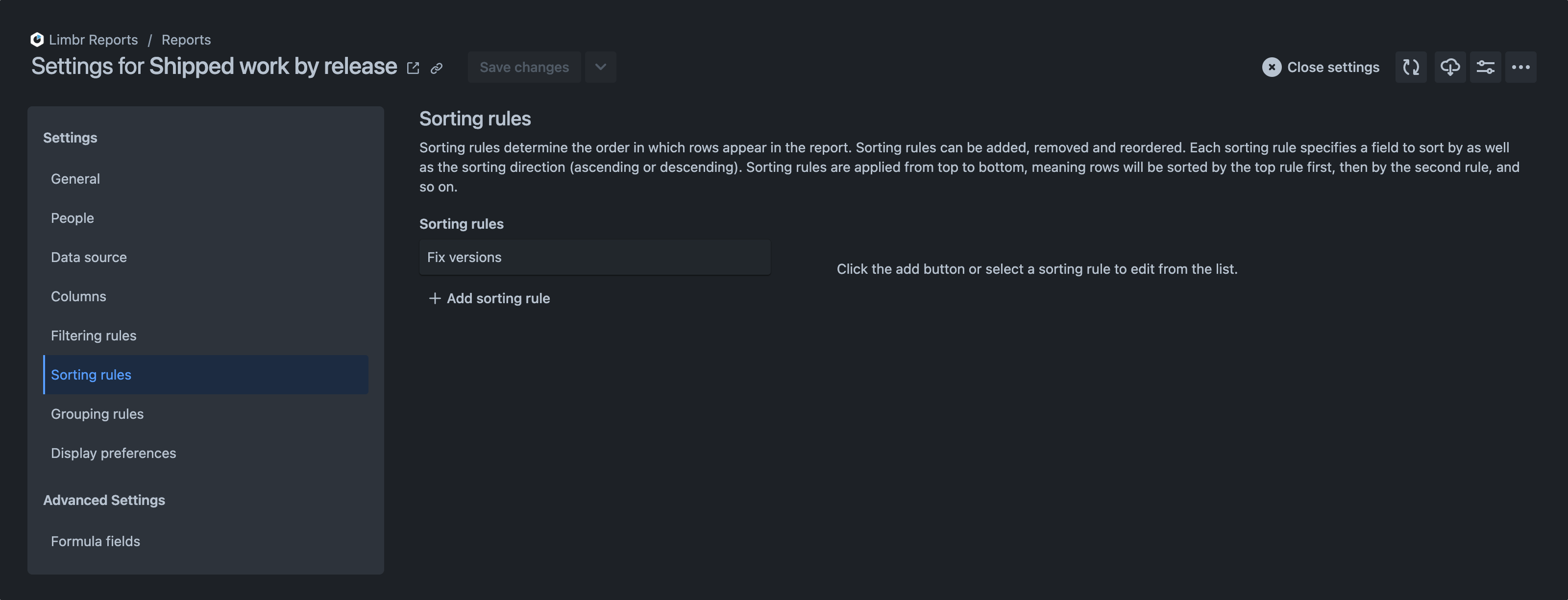 Settings pane with the 'Sorting rules' tab selected