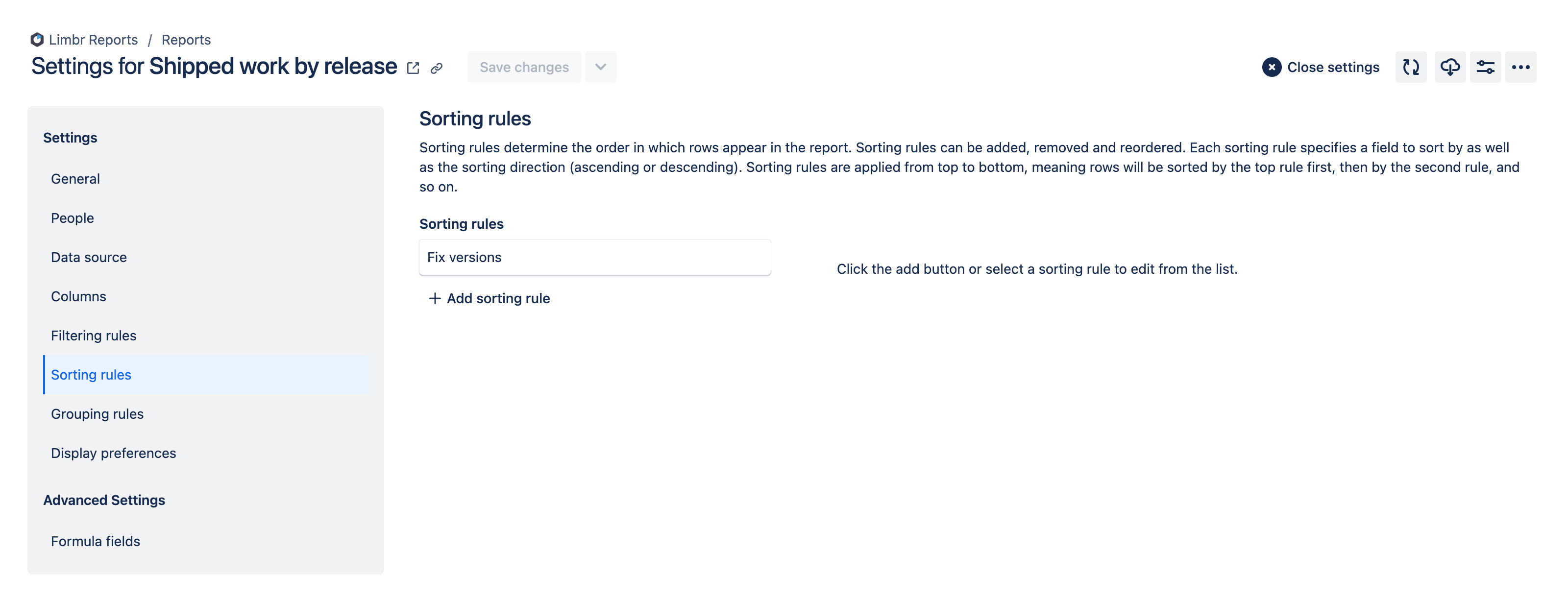 Settings pane with the 'Sorting rules' tab selected