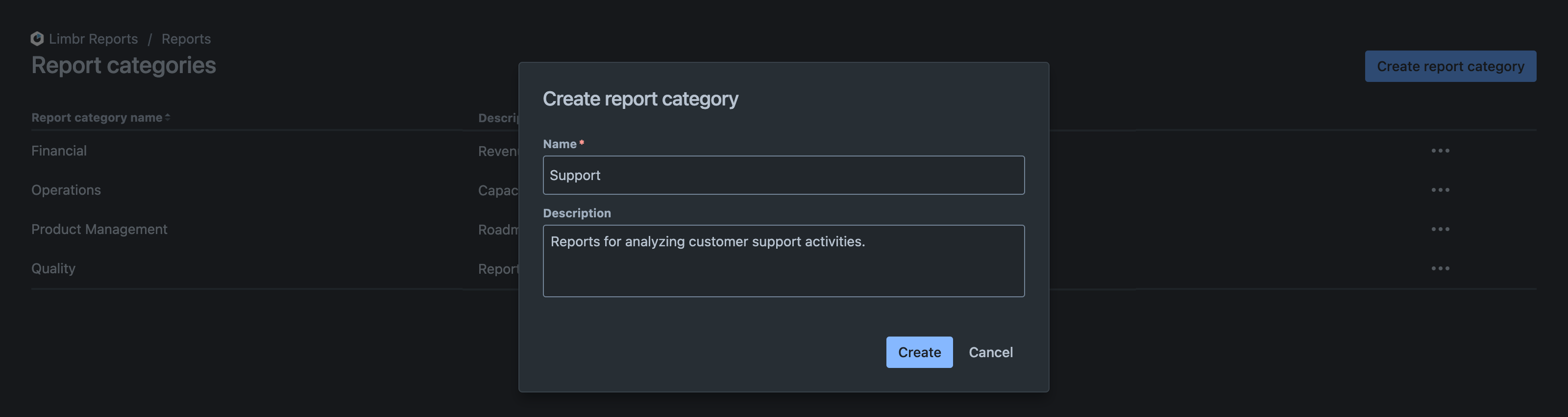 Update report category dialog with the category name and description fields prepopulated from the existing category