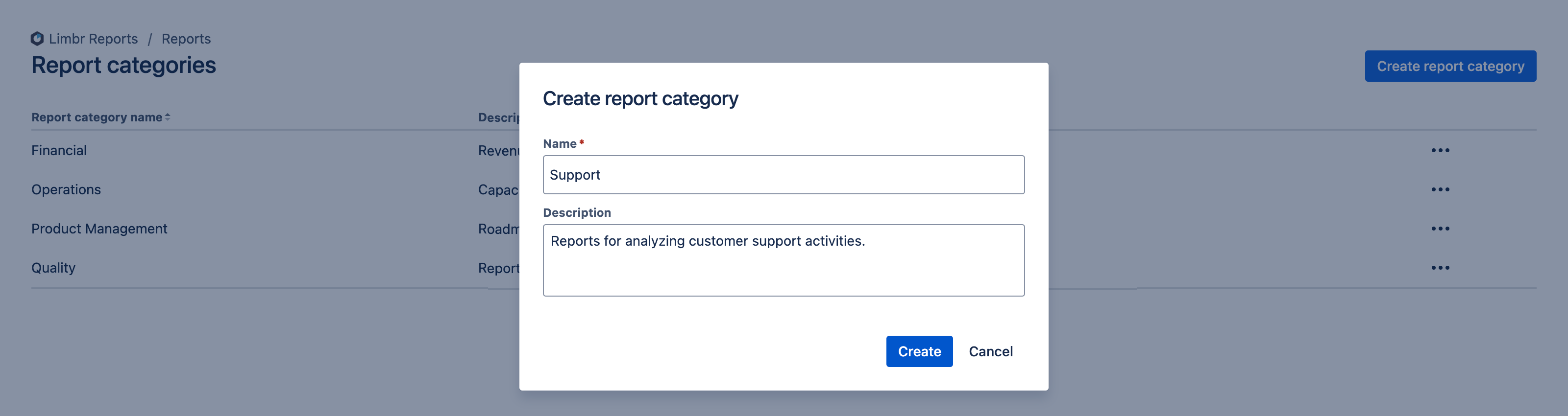 Update report category dialog with the category name and description fields prepopulated from the existing category