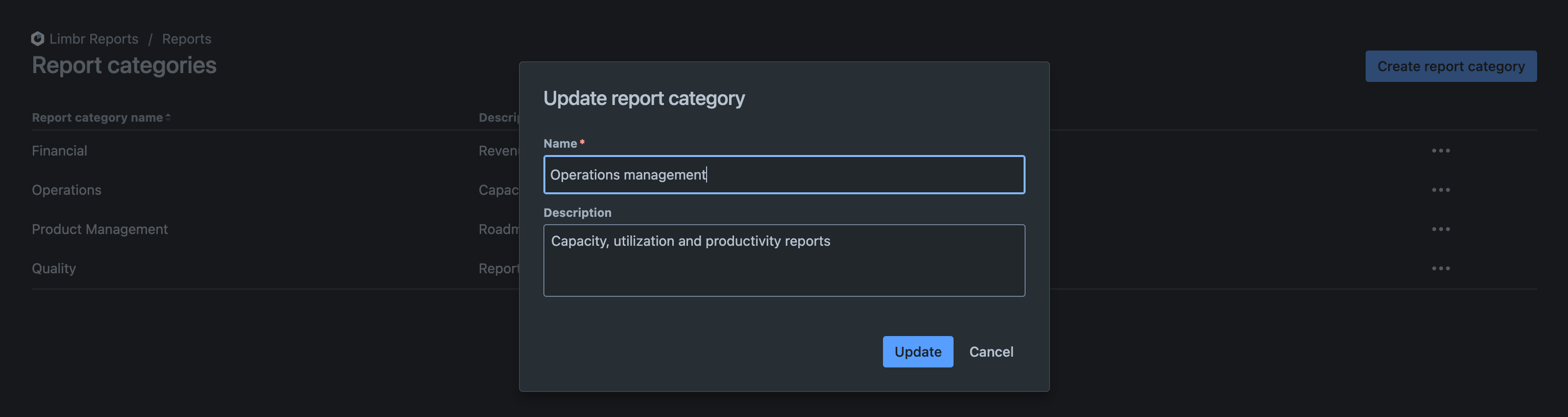 Update report category dialog with the 'Name' field edited