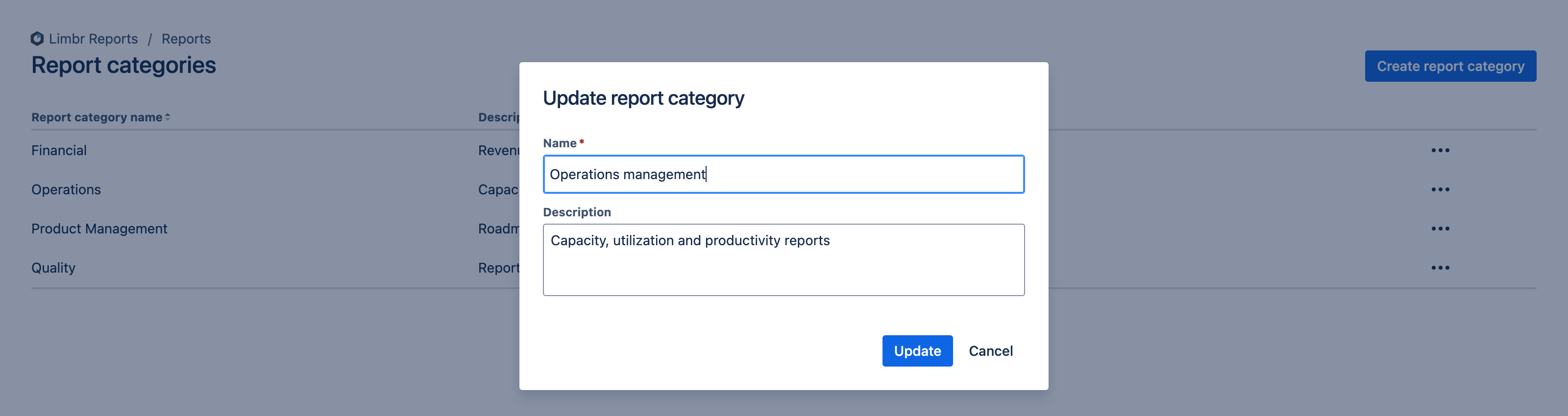 Update report category dialog with the 'Name' field edited