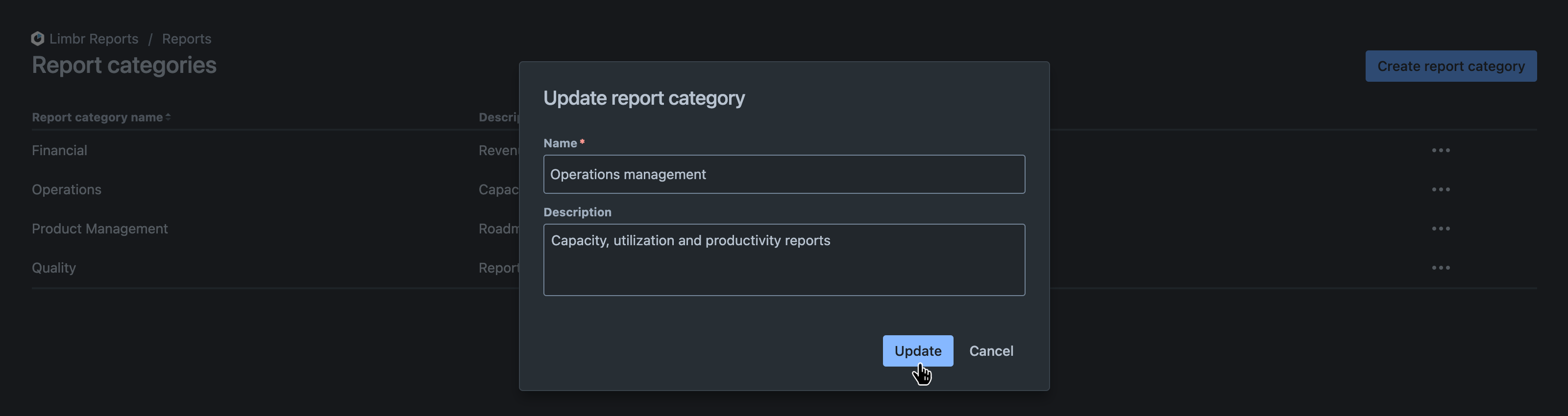 Update report category dialog with the 'Update' button hovered