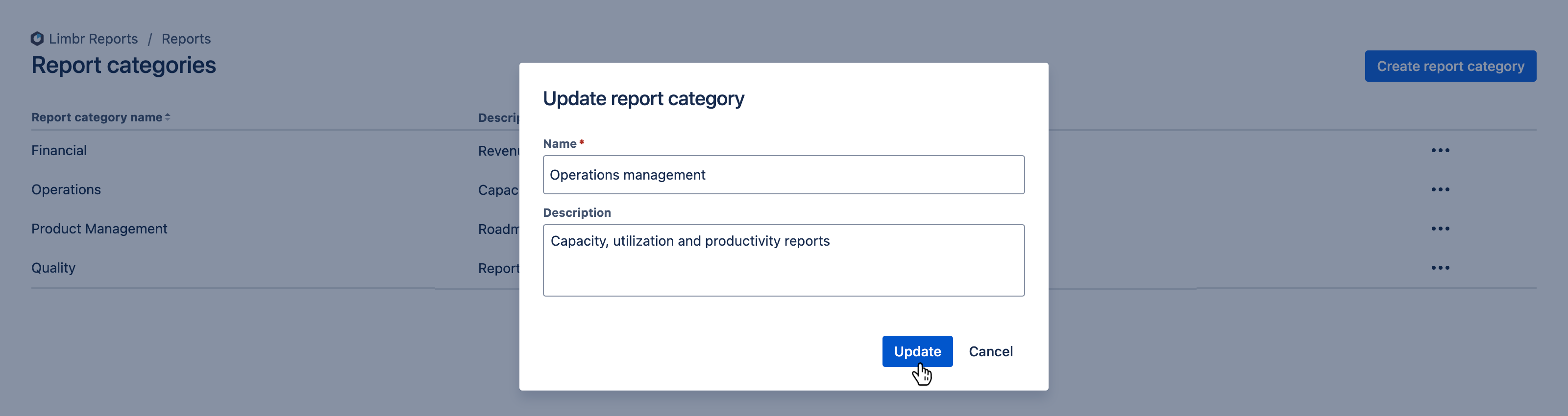 Update report category dialog with the 'Update' button hovered